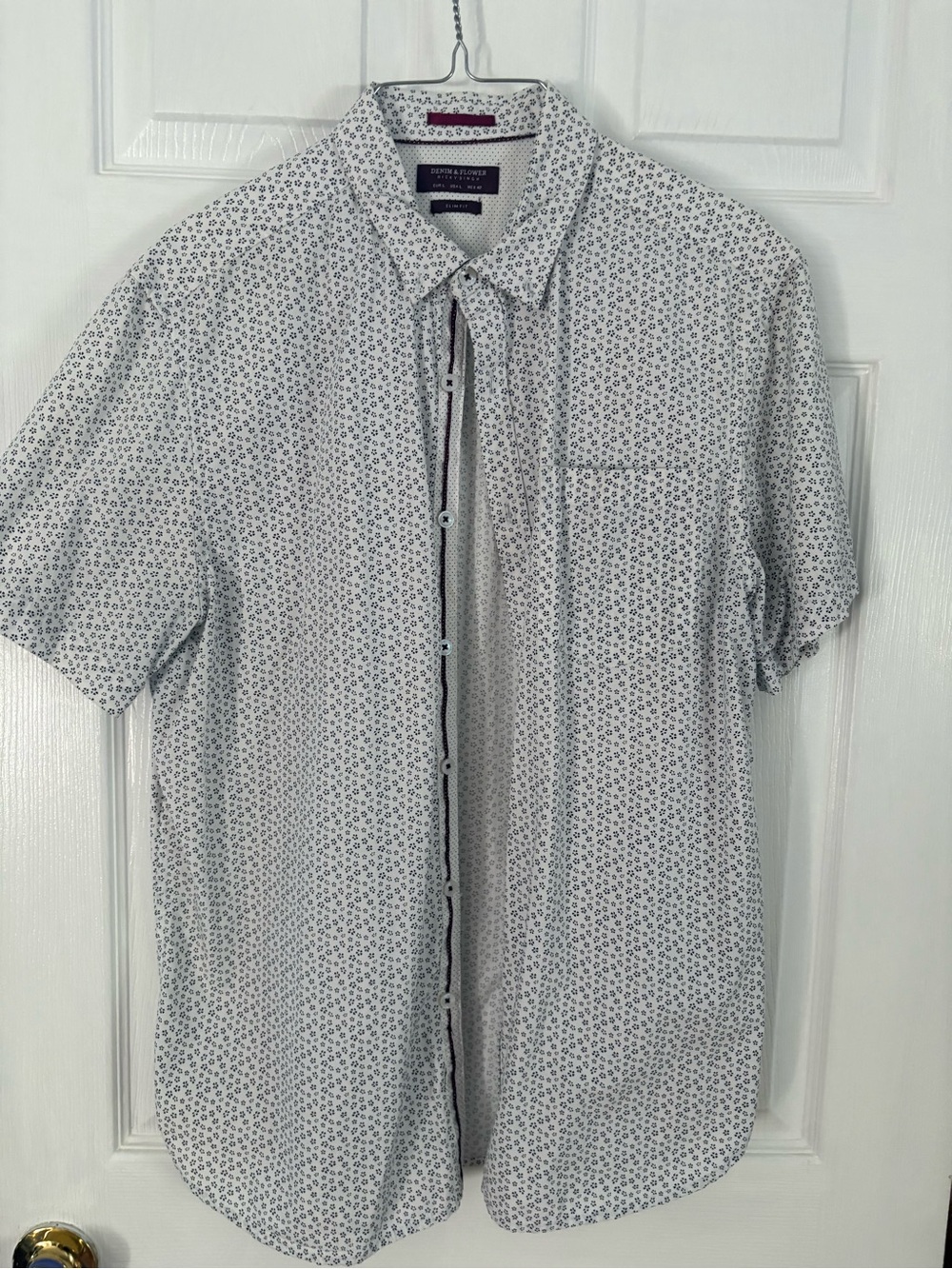 Denim & Flower White Short-Sleeve Button-Down Shirt with Navy Micro Print